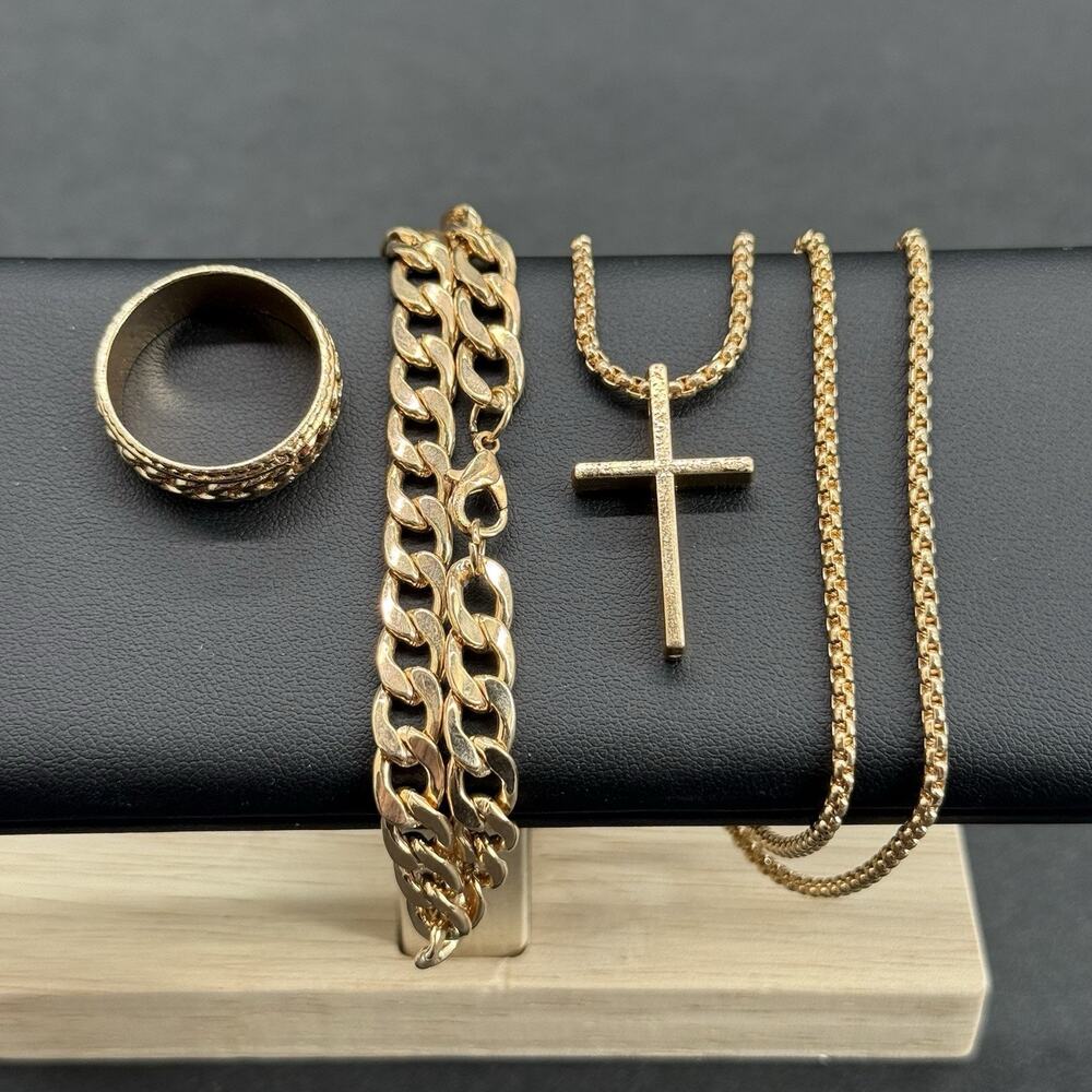 Men's Gold Tone Jewelry Set Cuban Link Bracelet Cross Chain Necklace Ring Sz 11